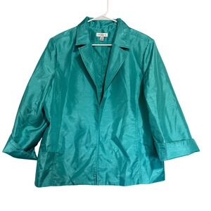 Susan Graver Teal Blue Textured Blazer Jacket XL Hook Eye Closure 3/4 Sleeve